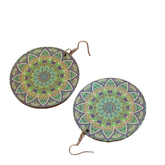 Boho Colorful Round Wooden Disk Drop Style Earrings - Picture 3 of 5